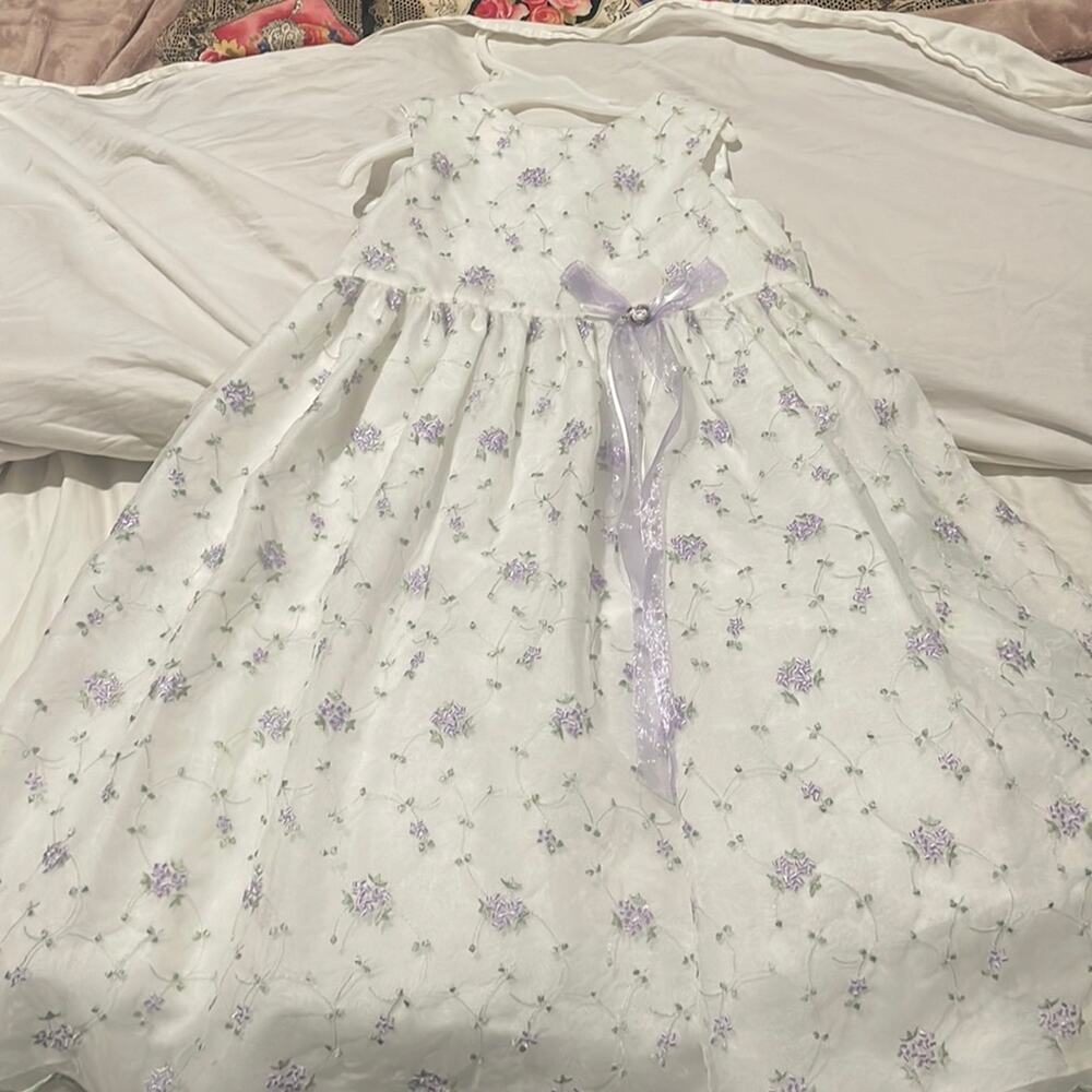 Bonnie Jean 6 white lavender flowers empire waist formal dress sleeveless euc